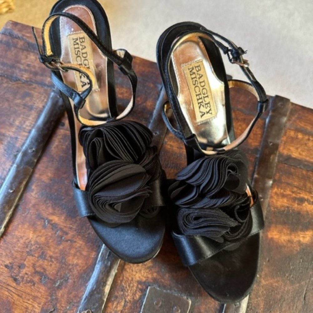 BAGDLEY MISCHKA BLACK Satin Adele Strappy Heel Sandals - 6.5